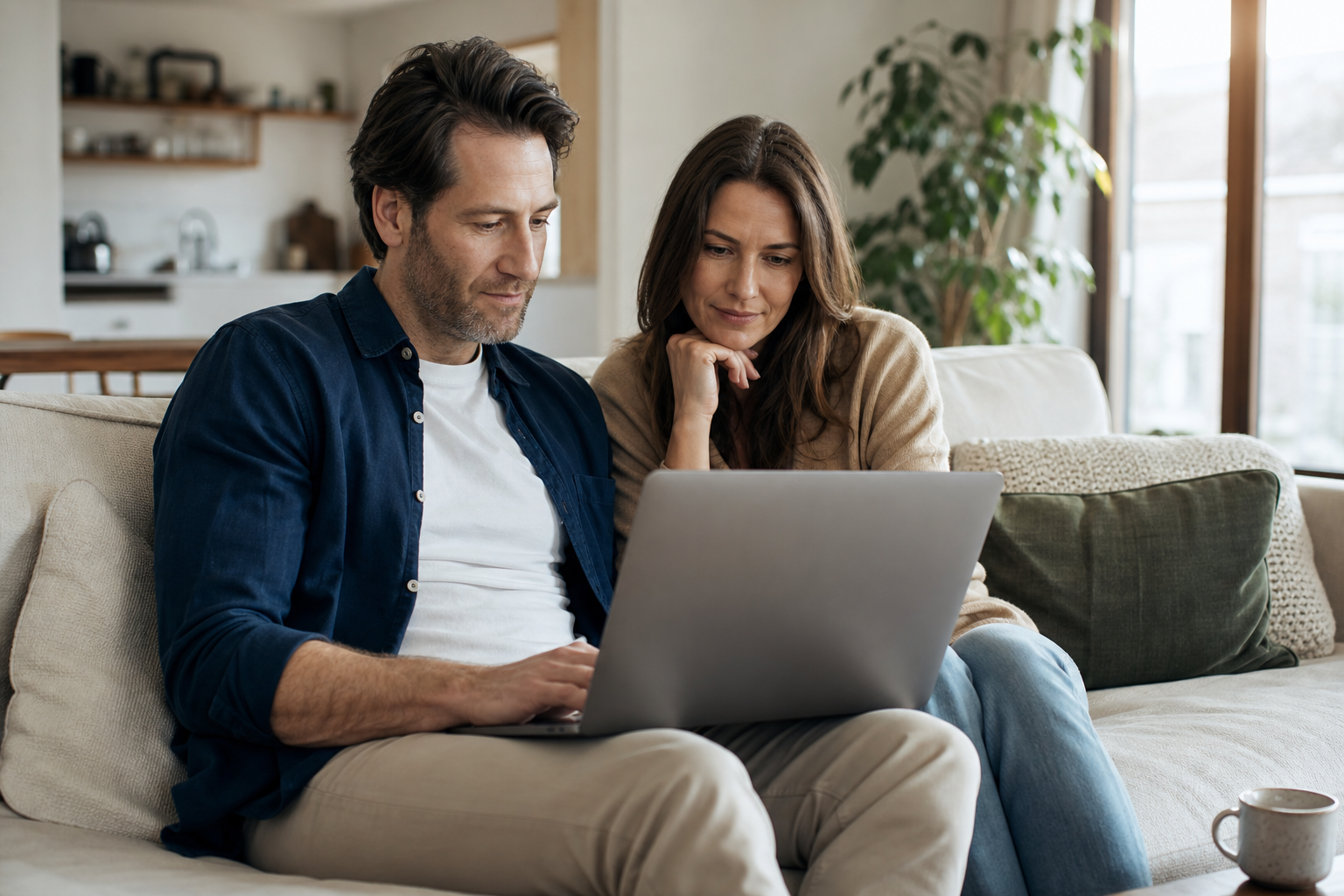 Paar auf dem Wohnzimmer-Sofa vergleicht am Laptop verschiedene Zinsbindungen für die Baufinanzierung.