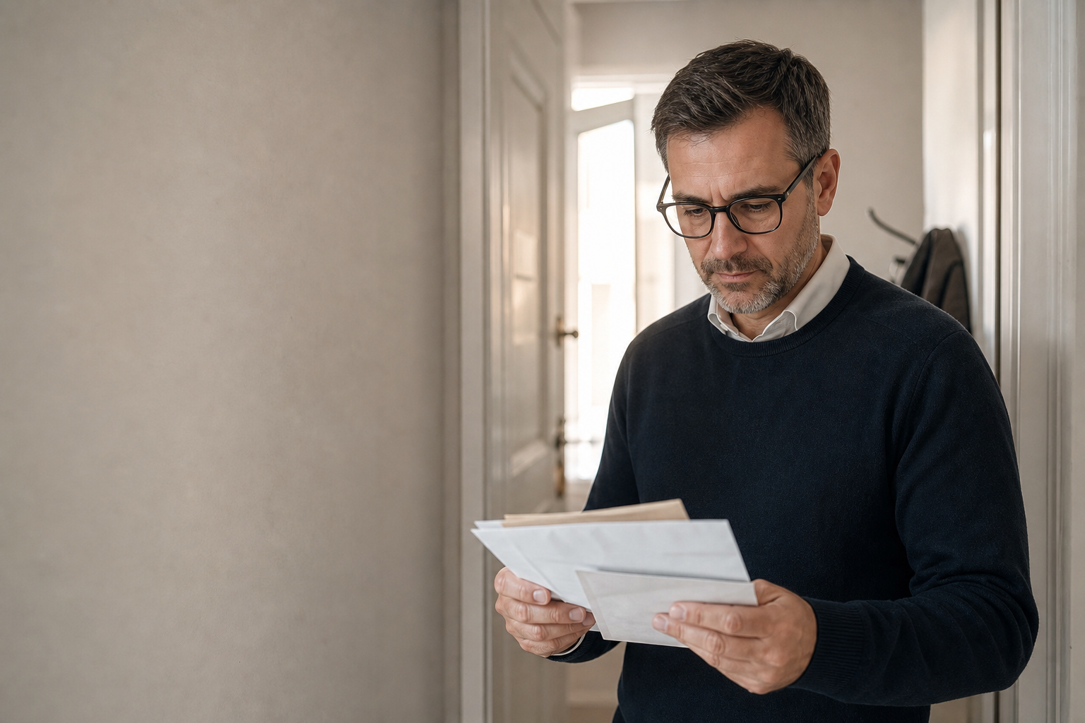 Person sieht im Flur ihrer Wohnung Briefpost und Unterlagen zur Baufinanzierung durch.