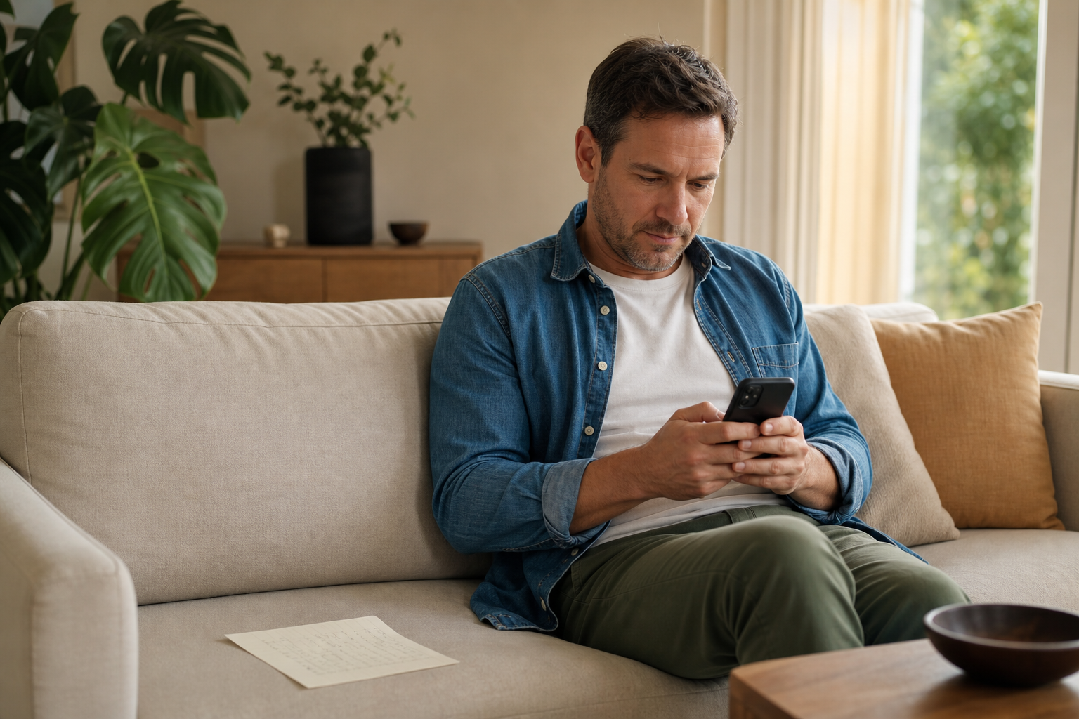 Mann um die 40 sitzt auf dem Wohnzimmer-Sofa mit Notizzettel und Smartphone und prüft seine Anschlussfinanzierung.