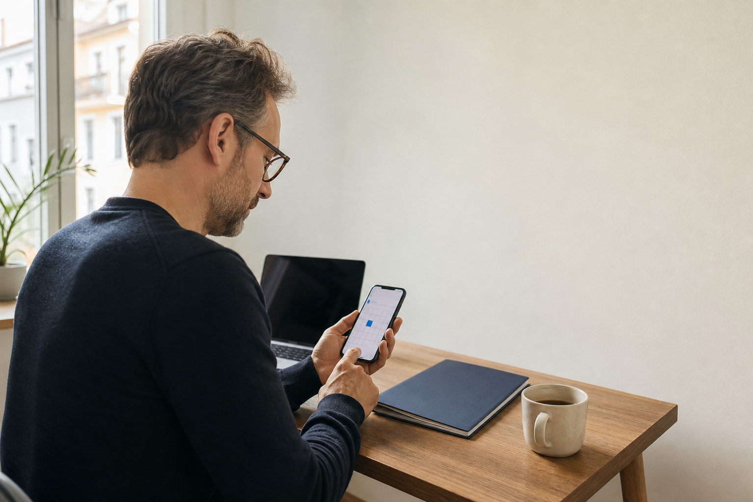 Person am Schreibtisch in einer Homeoffice-Ecke schaut auf eine Kalendererinnerung auf ihrem Smartphone.