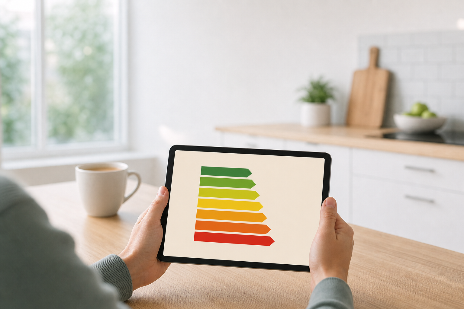 Zwei Hände halten in der Küche ein Tablet mit Energieklassenübersicht