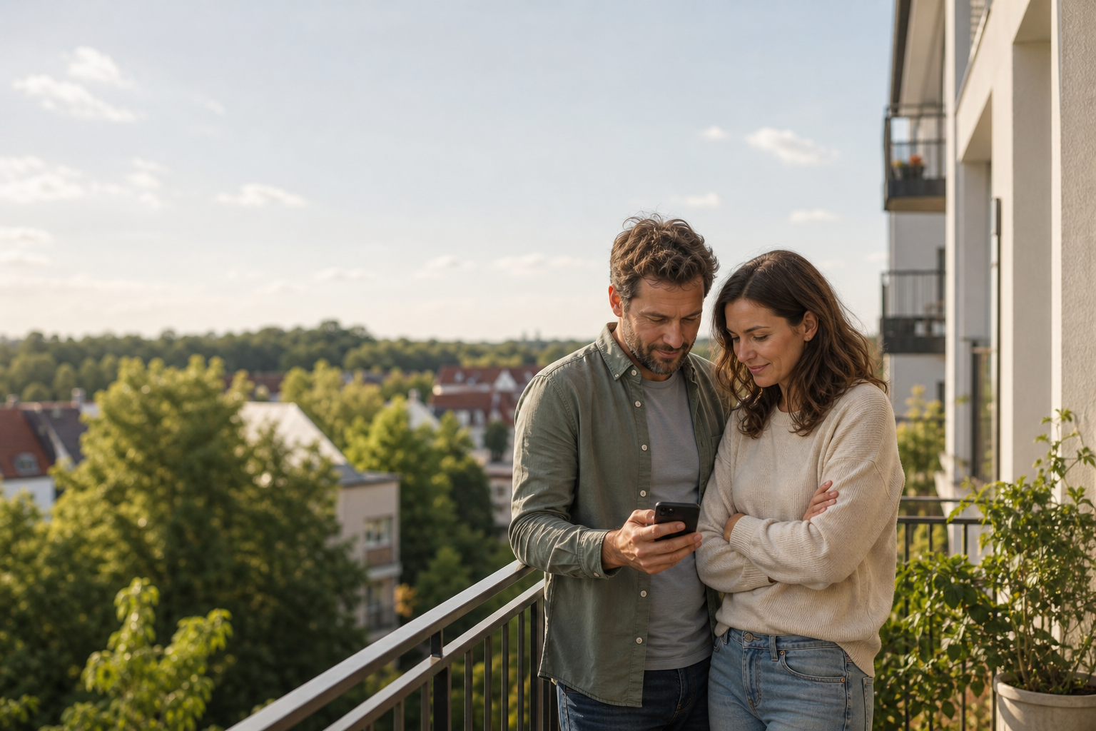 Ein Paar steht auf einem Balkon und schaut gemeinsam auf ein Smartphone.