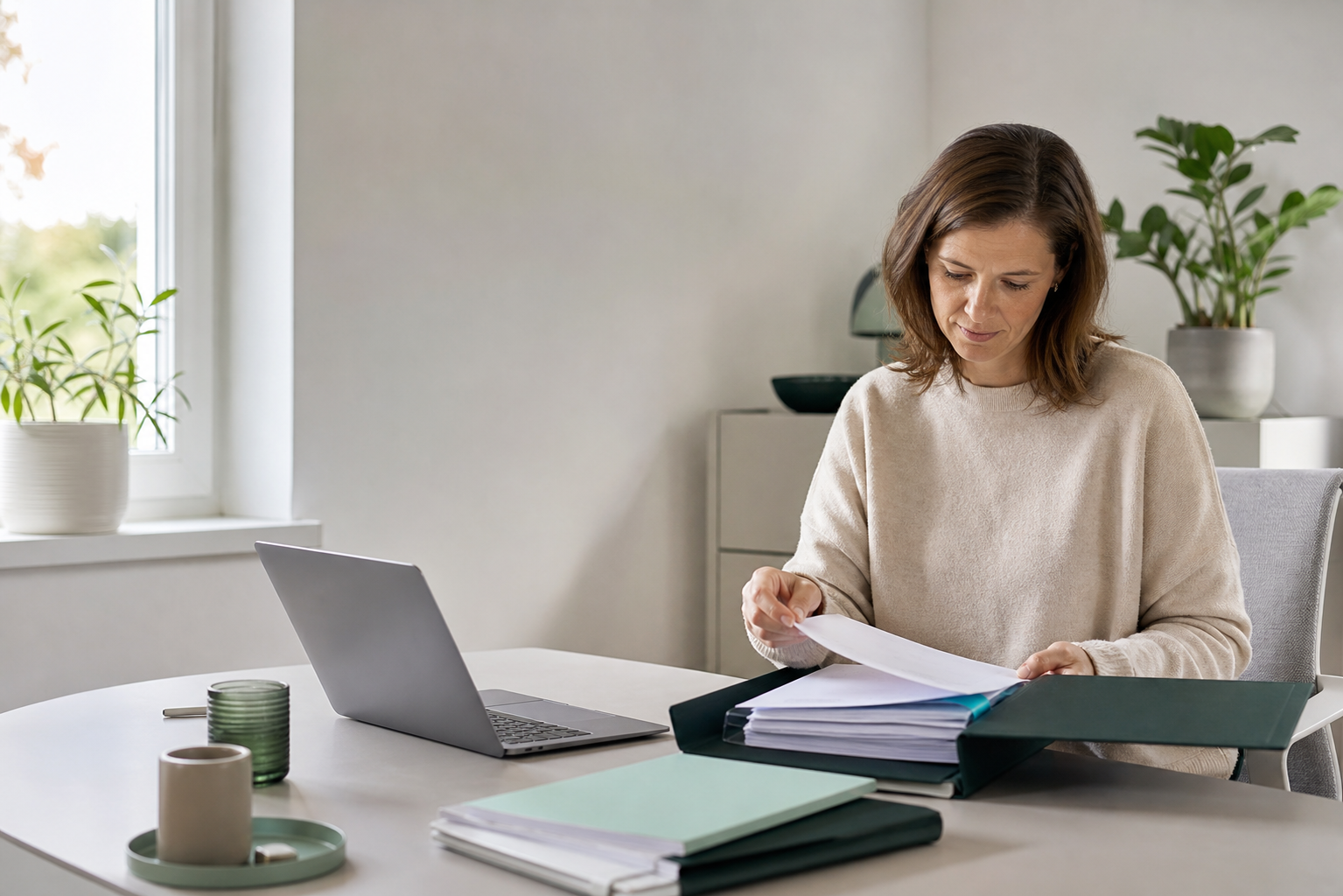Frau sortiert im Homeoffice einen Ordner mit Unterlagen für die Baufinanzierung.