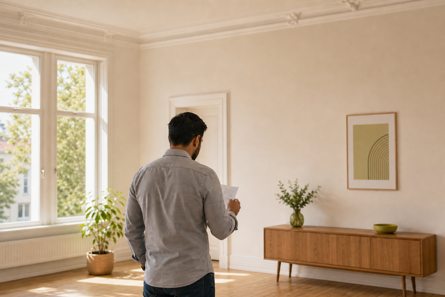 Eine Person steht in einem hellen, leeren Wohnzimmer und schaut auf einen Notizzettel mit Maßen.