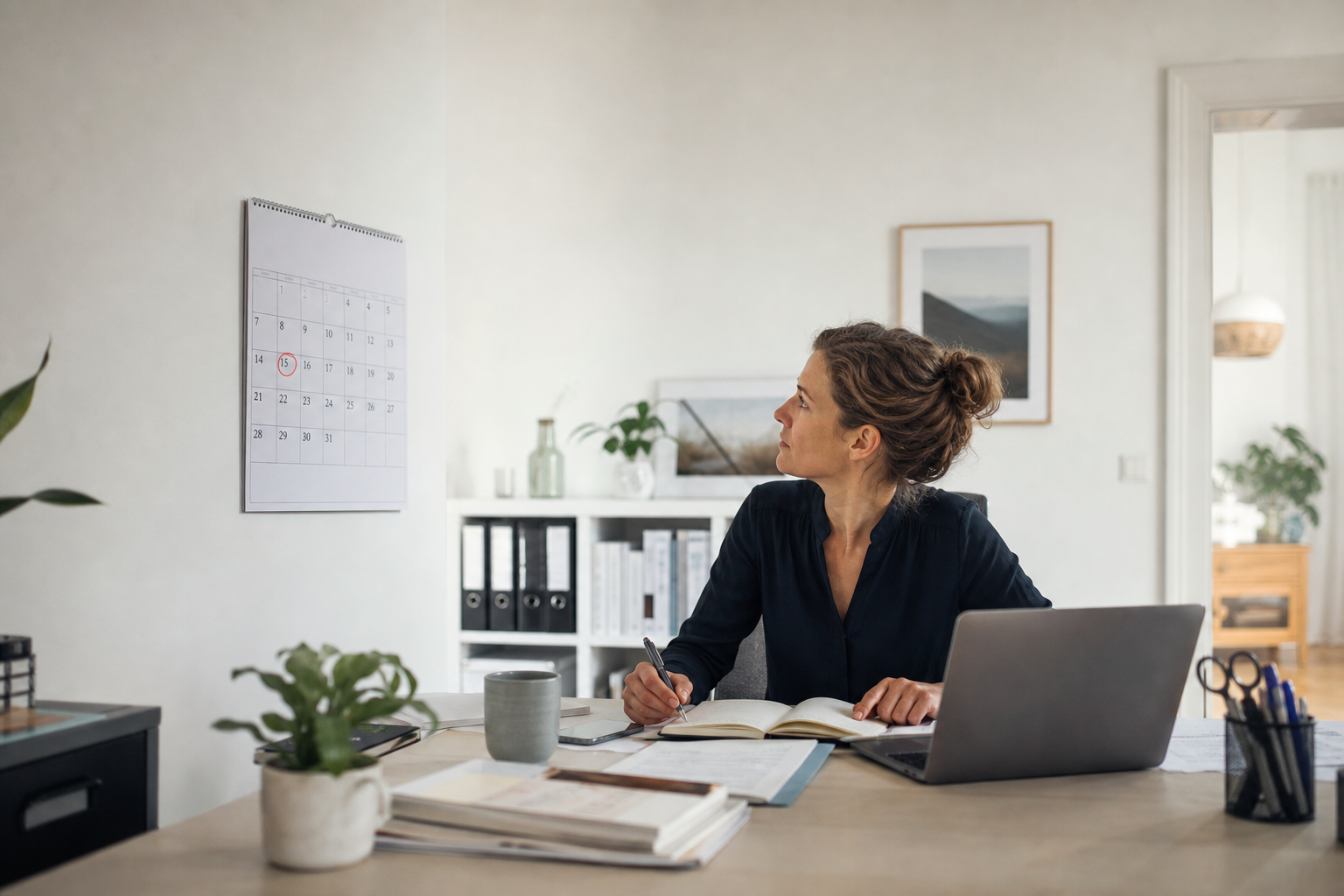 Frau sitzt am Schreibtisch im Homeoffice und blickt auf einen Wandkalender mit markiertem Termin