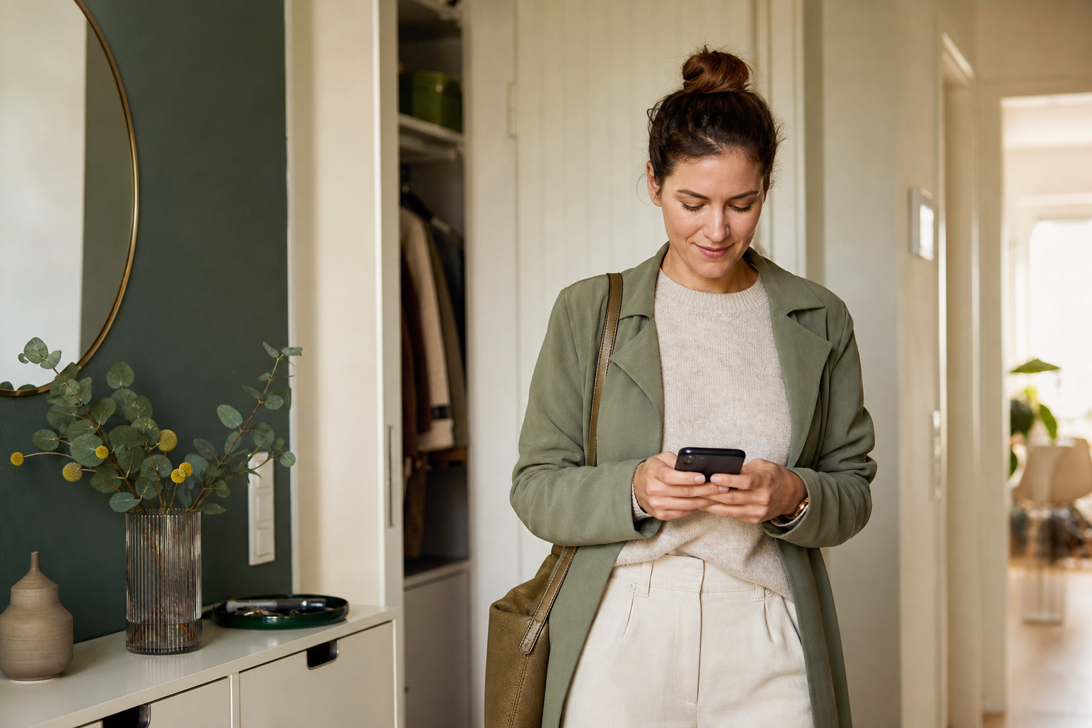 Frau um die 35 steht im hellen Flur ihrer Wohnung und prüft auf dem Smartphone ihre Anschlussfinanzierung.